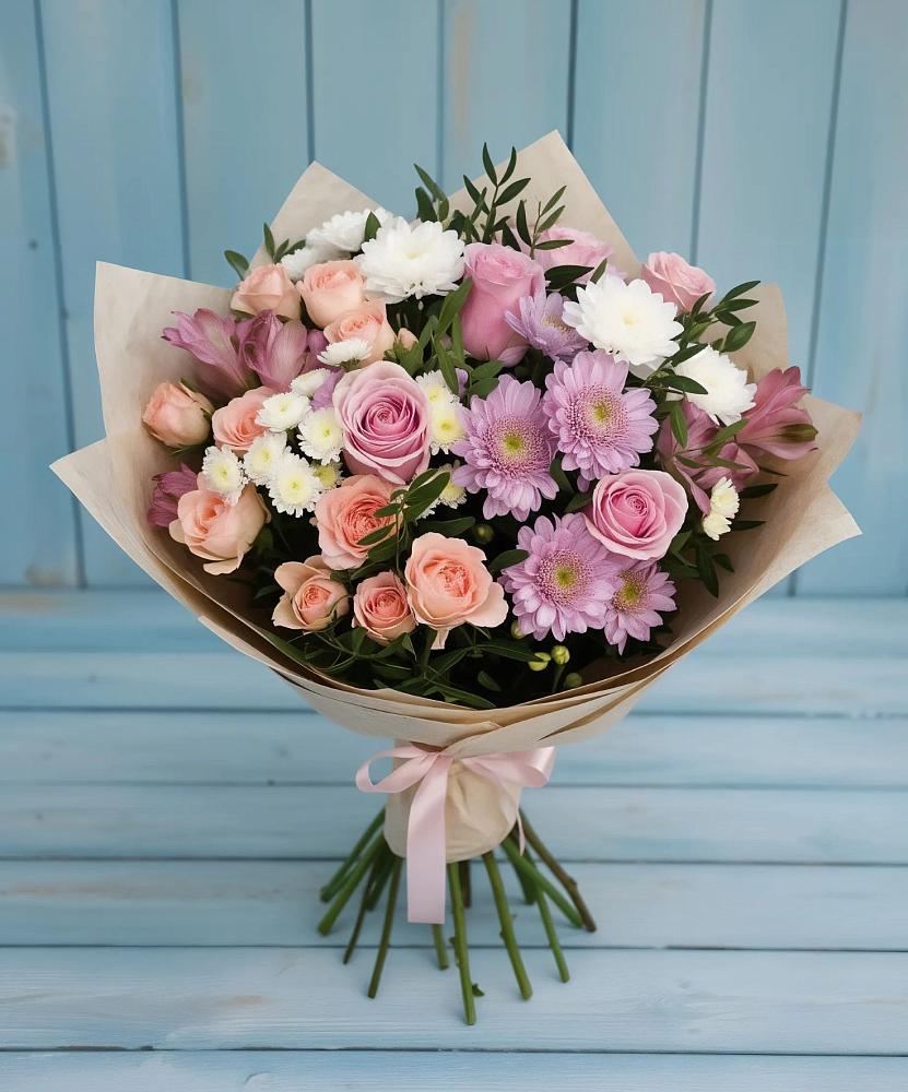 Букет цветов из: Хризантемы, Розы и Альстромерии в Южно-Курильске