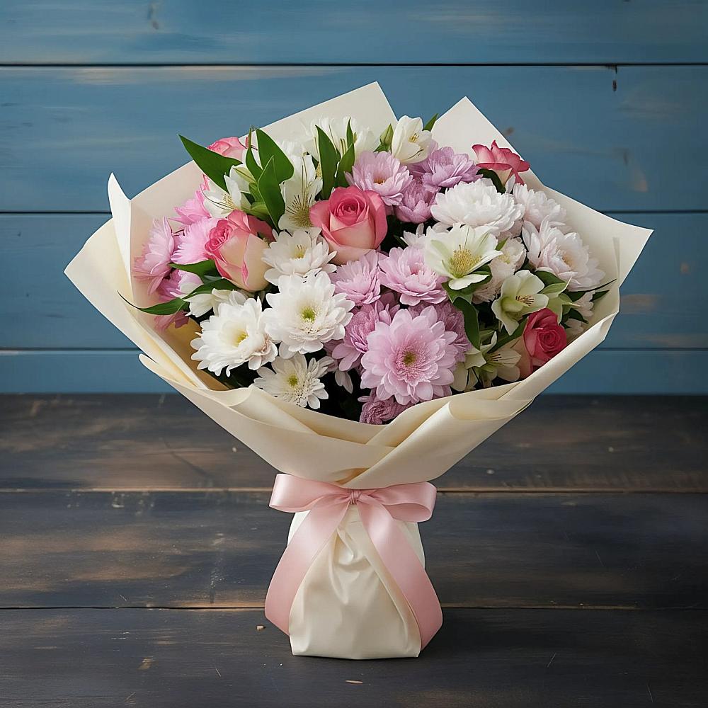 Букет цветов из: Хризантемы, Альстромерии и Розы в Южно-Курильске